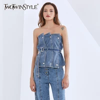 twotwinstyle denim vest for women strapless sleeveless off shouder patchwork backless sexy blue vests female 2022 fashion style
