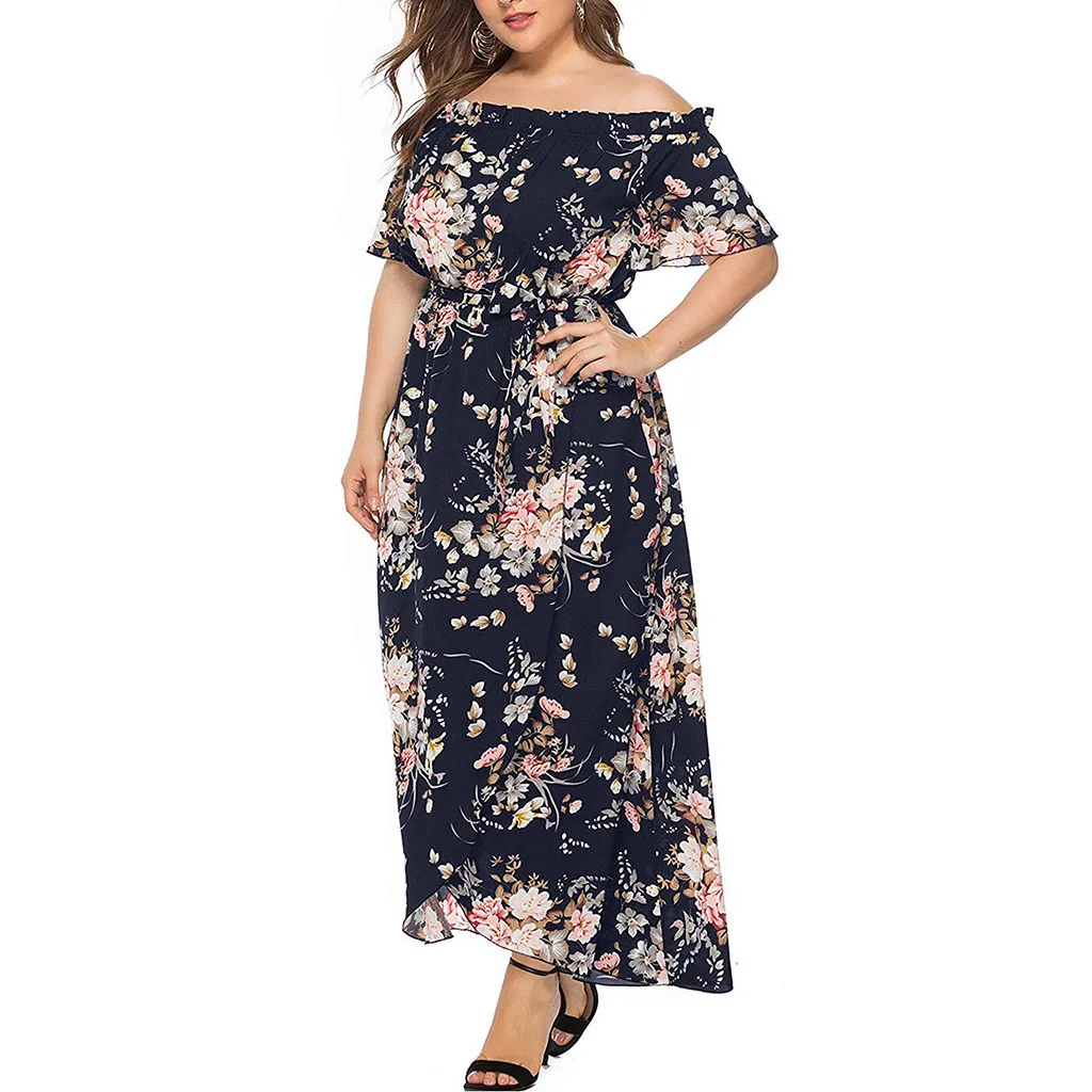 

2021 Plus Size Fashion Dress woman Draw Back Floral Printed Dresses Ladies Casual Short Sleeve One Shoulder Dress robe femme
