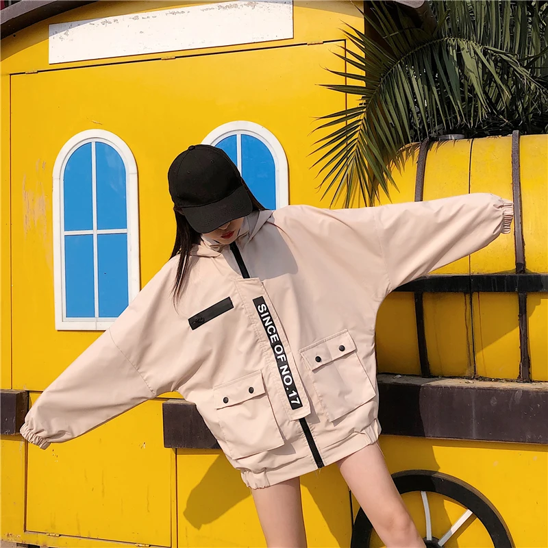 Куртка женская весна и осень Корейская версия оснастки Harajuku Свободная куртка Студенческая с капюшоном порт ветер бейсбол одежда