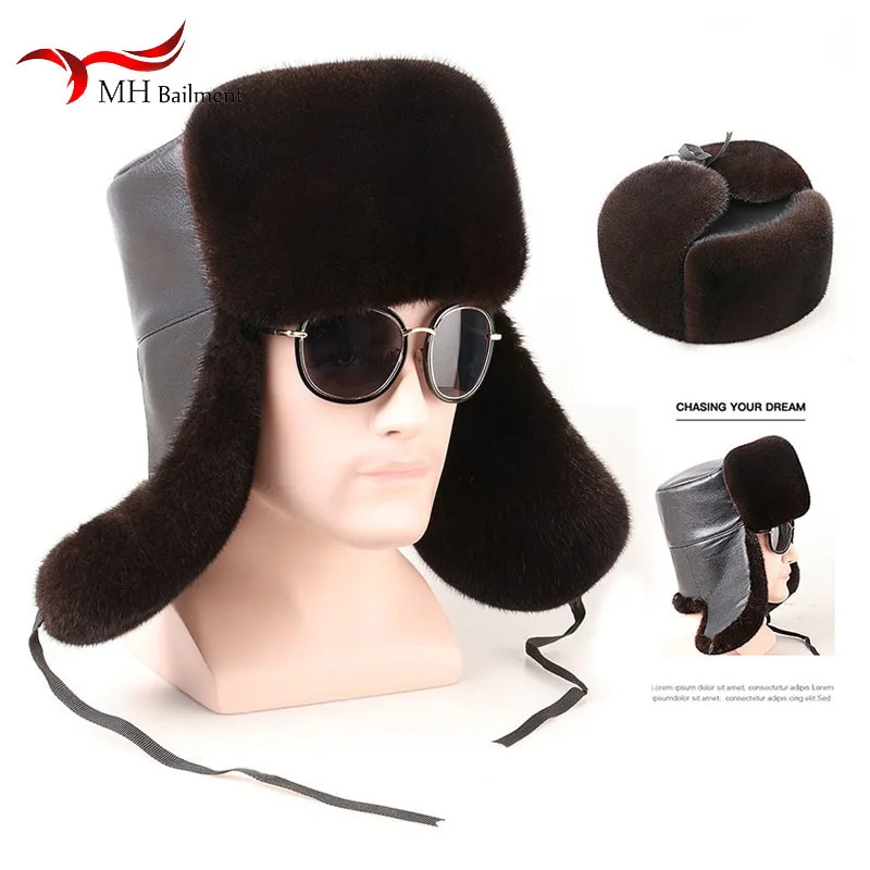 Men's Luxury Real Mink Fur Hat Winter 100% Genuine Natural Thick Warmth Black Windproof Earmuffs Hat Male Russian Warm Hats
