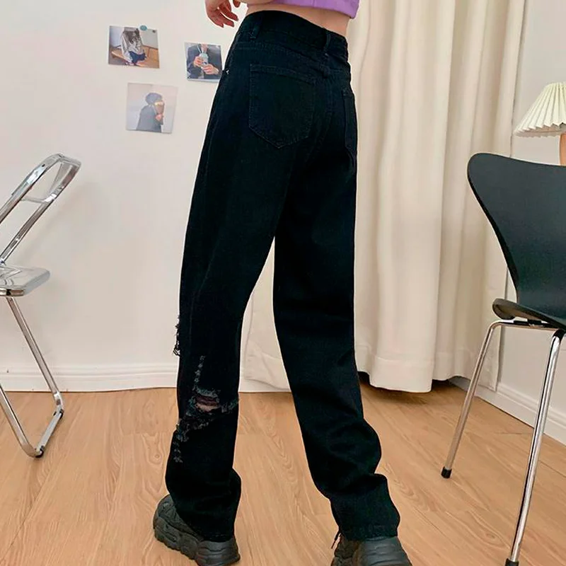 

Mom Jeans Women Holes Black Chic Harajuku Casual Womens Wide Leg Hip-hop Mopping Vintage Summer High Street Straight Denim Pants