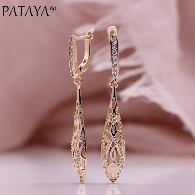 

PATAYA New 585 Rose Gold Color Long Earrings Vintage Natural Zircon Women Modern Fashion Jewelry Wedding Unusual Dangle Earrings