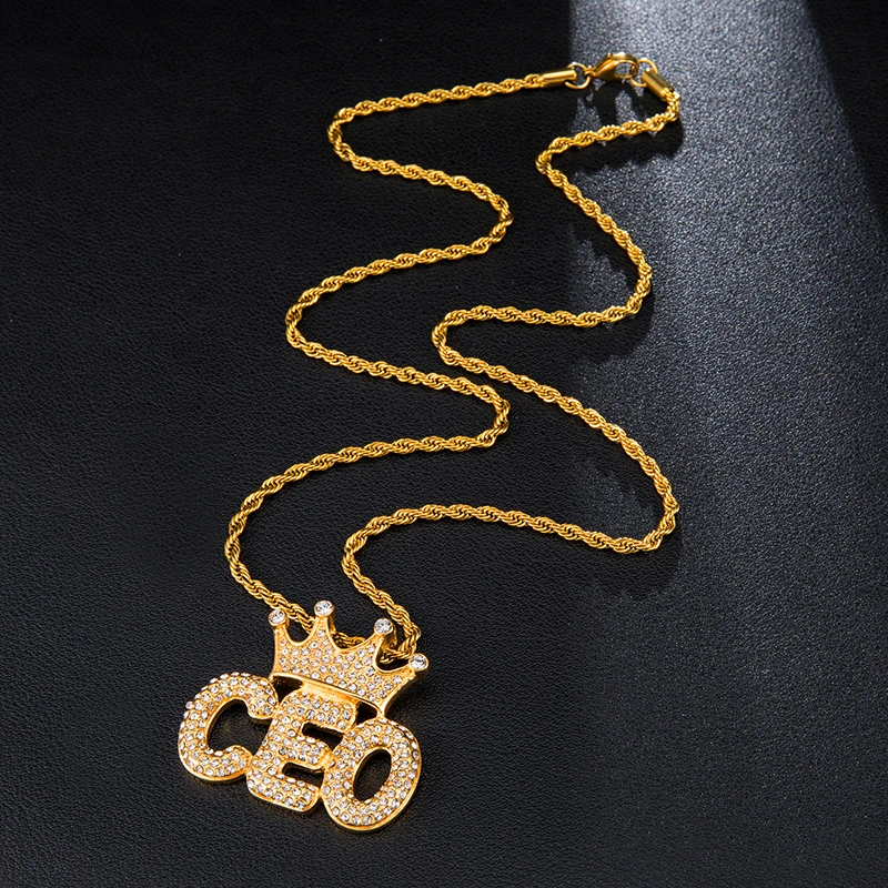 US7 Crown CEO Letters Necklace &amp Pendant Paved Rhinestoned Bling Iced Out Pendants With Chain For Men Hip Hop Jewelry | Украшения и