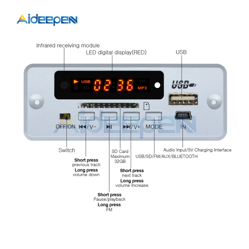 Плата декодера MP3 5 В Bluetooth-модуль декодирования вызовов WAV U-диск и TF-карта USB с