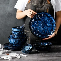 ceramic dinner plates and bowls blue dishes creative japanese retro kiln changed tableware dinnerware set plate platos de cena