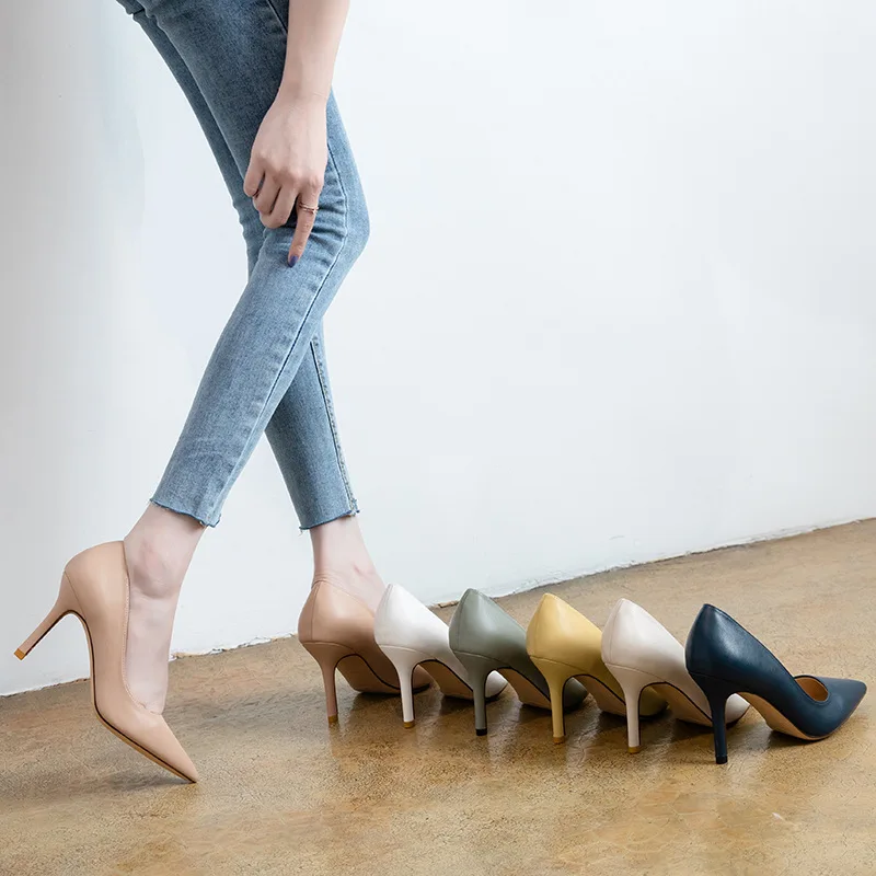

high heels women work shoes pointed shallow mouth single shoes all-match black soft leather women's shoes
