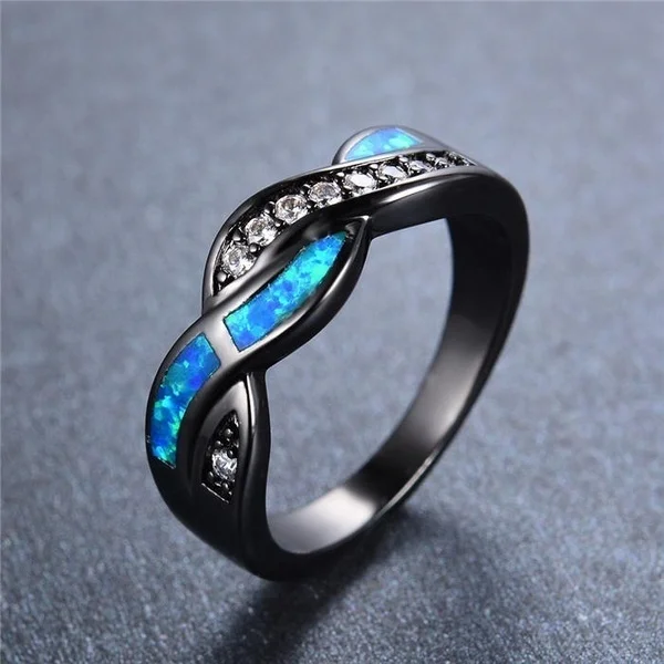 Vintage Cross Shape Ring White Zircon Blue Simulation Fire Opal Black Metal Jewelry