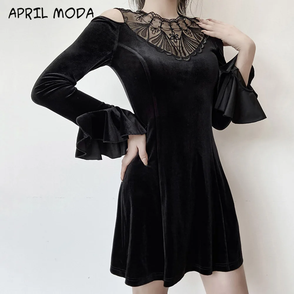 

Женское платье с длинным рукавом, черное платье в готическом стиле, без бретелек, с кружевным воротником