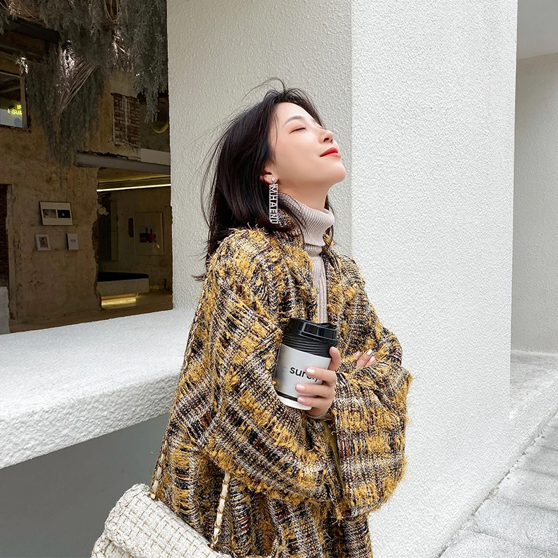 Женское элегантное зимнее шерстяное клетчатое твидовое пальто длинное