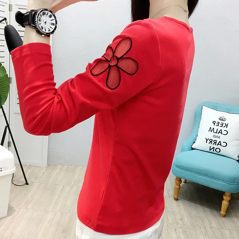 Футболка shintimes с бисером женская футболка на осень 2018 вырезами в стиле пэчворк