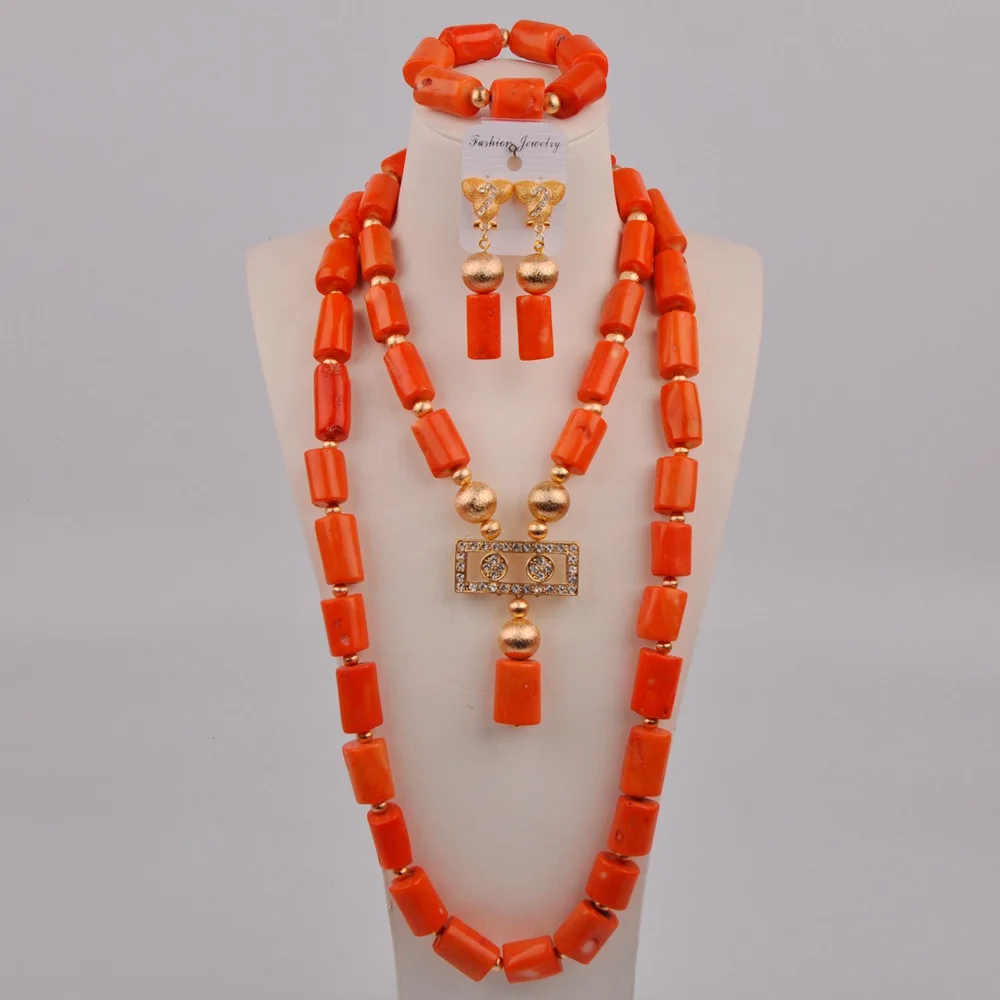 

Модное оранжевое нигерийское Коралловое Ожерелье Африканские свадебные бусы коралловый ювелирный набор для женщин 11-B03