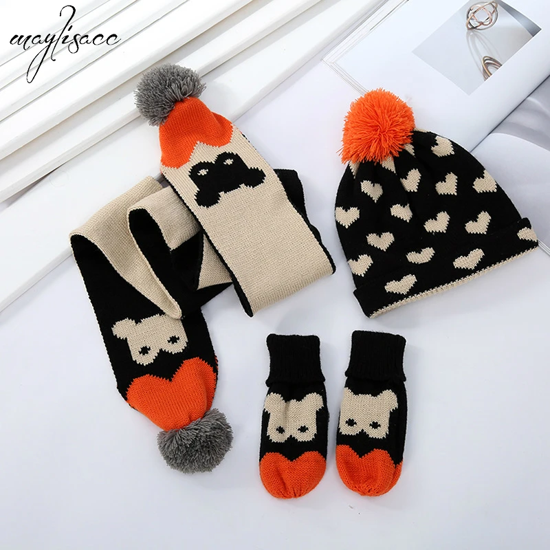 Maylisacc 3-8 Years Old Children's Hat Scarf Gloves 3-piece Set Autumn Winter Knitted Warm 3-piece Set Cartoon Acrylic Ball Hat
