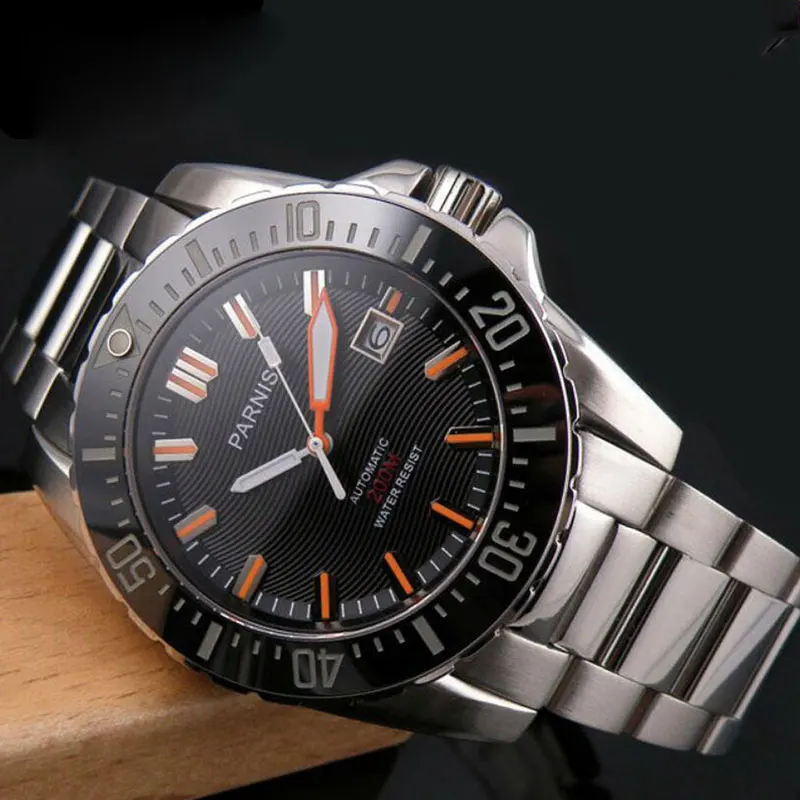 

Parnis 44mm Men's luxury watch Diver watch Sapphire glass Ceramic Bezel black dial luminous Miyota 8215 Automatic movement