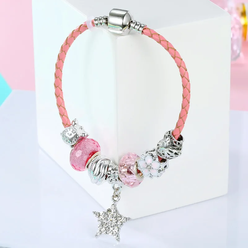 Винтажные розовые браслеты pandora с кристаллами и серебряными звездами подвесками