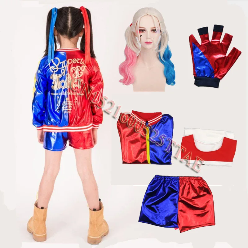 Ходовой товар 5 шт./компл. футболки Харли Квинн для девочек Топ куртка парик