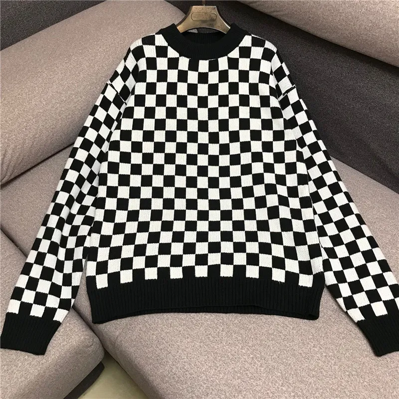

Роскошный брендовый дизайнерский вязаный пуловер для женщин Винтажный свободный свитер в клетку с круглым вырезом белого и черного цвета