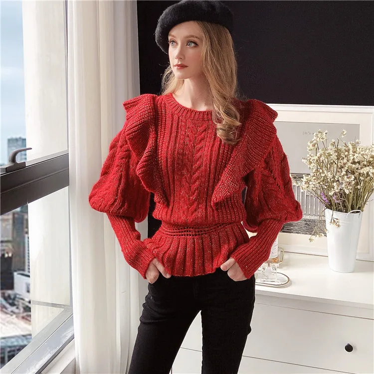 

Female Sweater Ladies Fitted Pullover Jumpers Knitted Sweater Women Autumn Winter Long Sleeve Ruffled Fashion