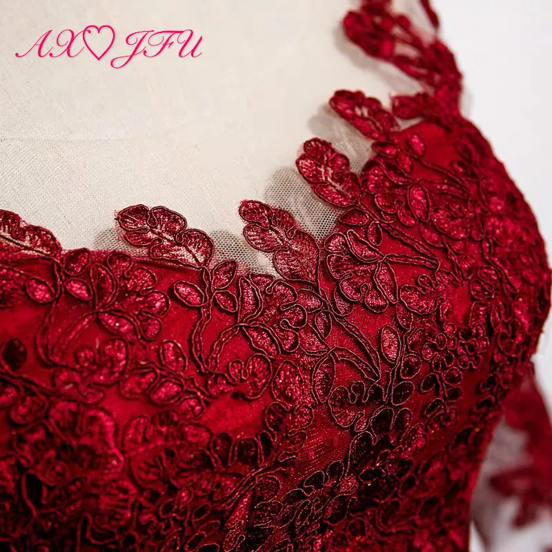 

AXJFU princess wine red lace mermaid evening dress vintage o neck illusion bride rose zipper half sleeve trumpet evening dress