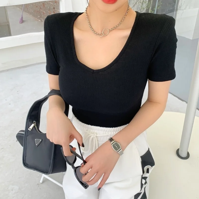 

V-Neck Casual Tee Shirt Femme Clothing Elasticity Top Summer New Korean Fashion T-Shirts Woman Sexy All-Match Solid Short Sleeve