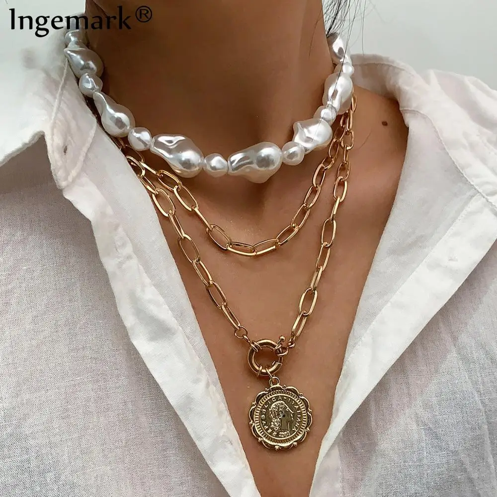

Multilayer White Baroque Pearl Choker Necklace Collares Punk Boho Carved Coin Pendant Long Chain Necklace for Women Jewelry