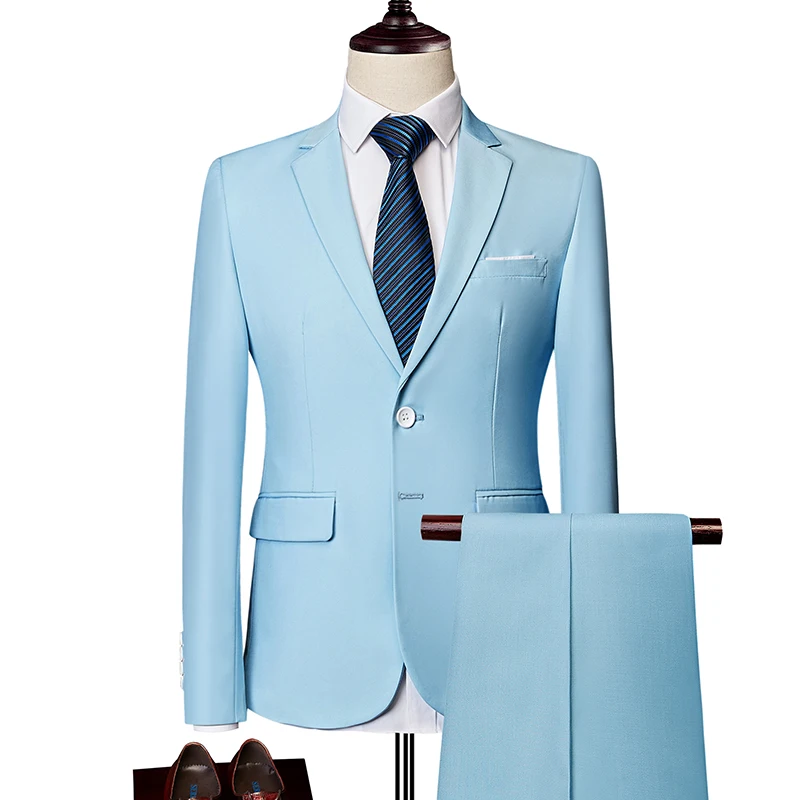 sky blue 2 pieces Однотонные мужские формальные костюмы Модный деловой Повседневный Банкетный мужской костюм пиджак+ жилет+ брюки размер 6XL 2/3 шт костюмы для свадьбы - Цвет: sky blue 2 pieces