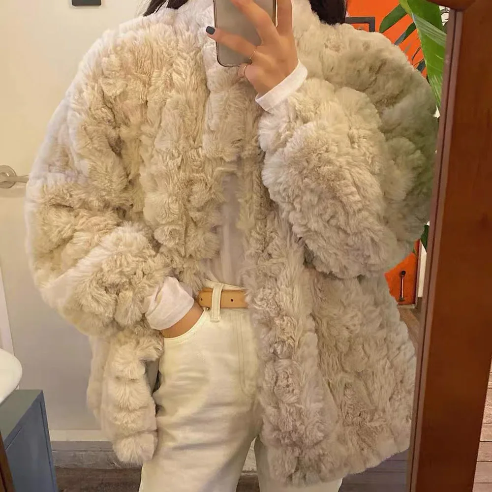 

2021 Autumn Winter Faux Fur Overcoat Womens Korean Fashion Lambswool Thicken Warm Loose Casual Long Sleeve Simplicity Jacket