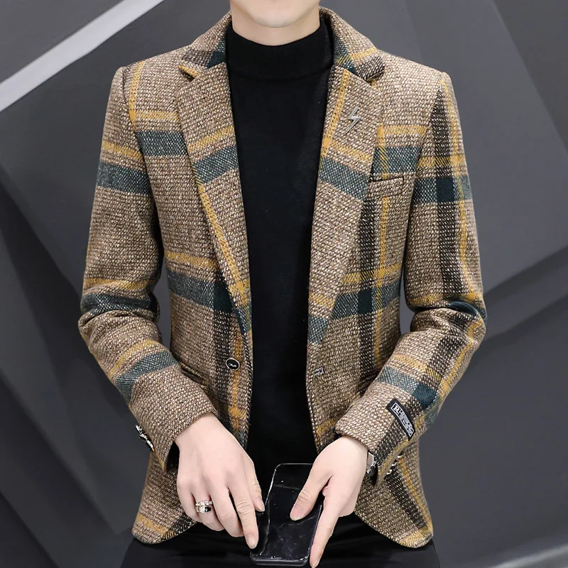 Блейзеры в клетку мужские золотистые бархатные демисезонные костюмы куртки
