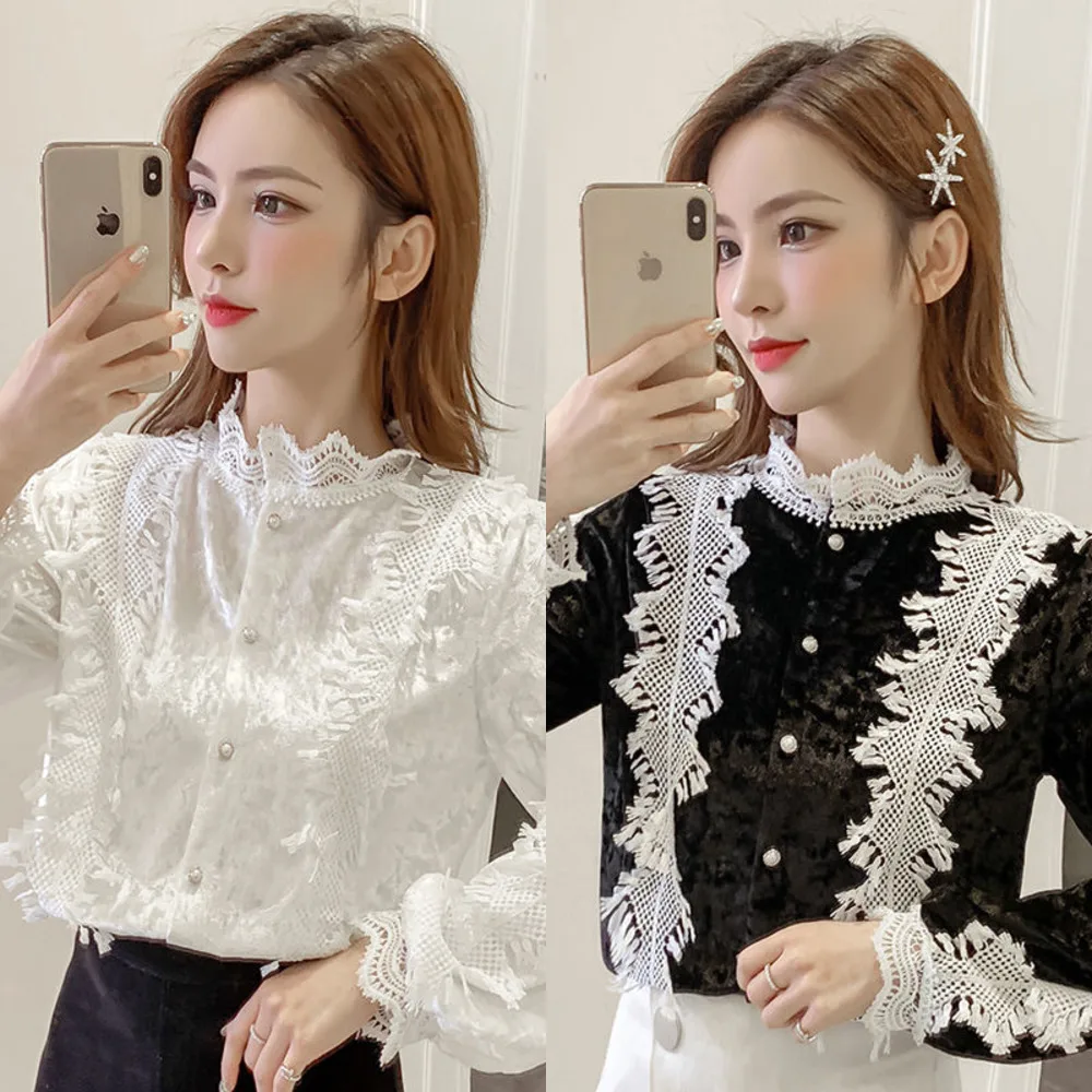 

New new2020 Spring Lace Patchwork Long Sleeve Chiffon Blouse Tops Female Sexy Vintage Jacquard Office Ladies Shirt X100