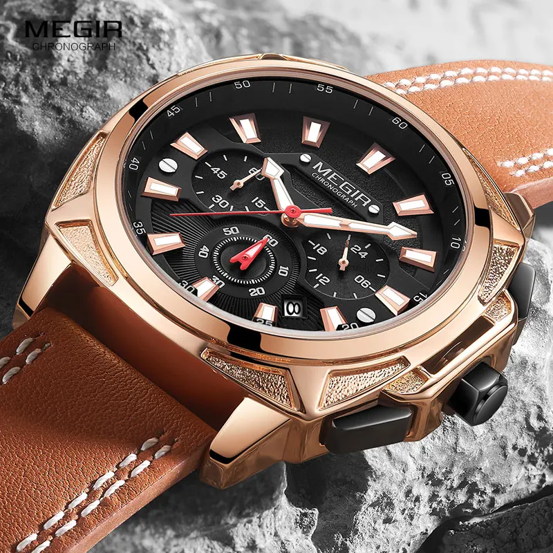 

Top Brand Luxury MEGIR Creative Men Watch Chronograph Quartz Watches Clock Men Leather Sport Army Military Wrist Watch Saat 2020