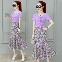 2022 fashion women elegant 2 piece sets purple short sleeve t shirt print chiffon elastic waist midi skirt suit sweet y617