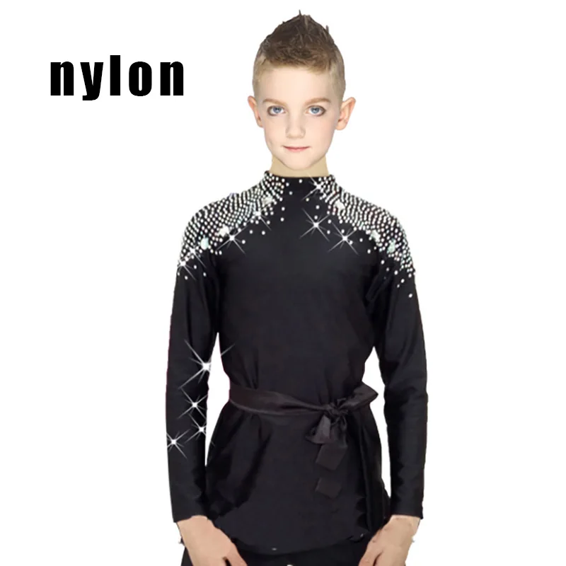 Black Nylon Shirt Новинка; рубашки для латиноамериканских танцев; детская черная тканевая рубашка со стразами для мальчиков; топы для бальных танцев; Мужская одежда для профессиональных соревнований; N7001 - Цвет: Black Nylon Shirt
