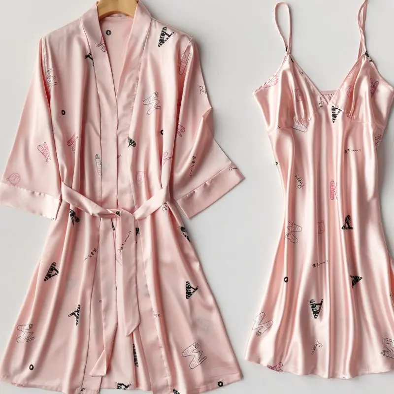 

2PCS Robe Set Satin Lady Kimono Bathrobe Gown 2021 Summer New Nightwear Sexy Print Intimate Lingerie Home Clothes Sleepwear