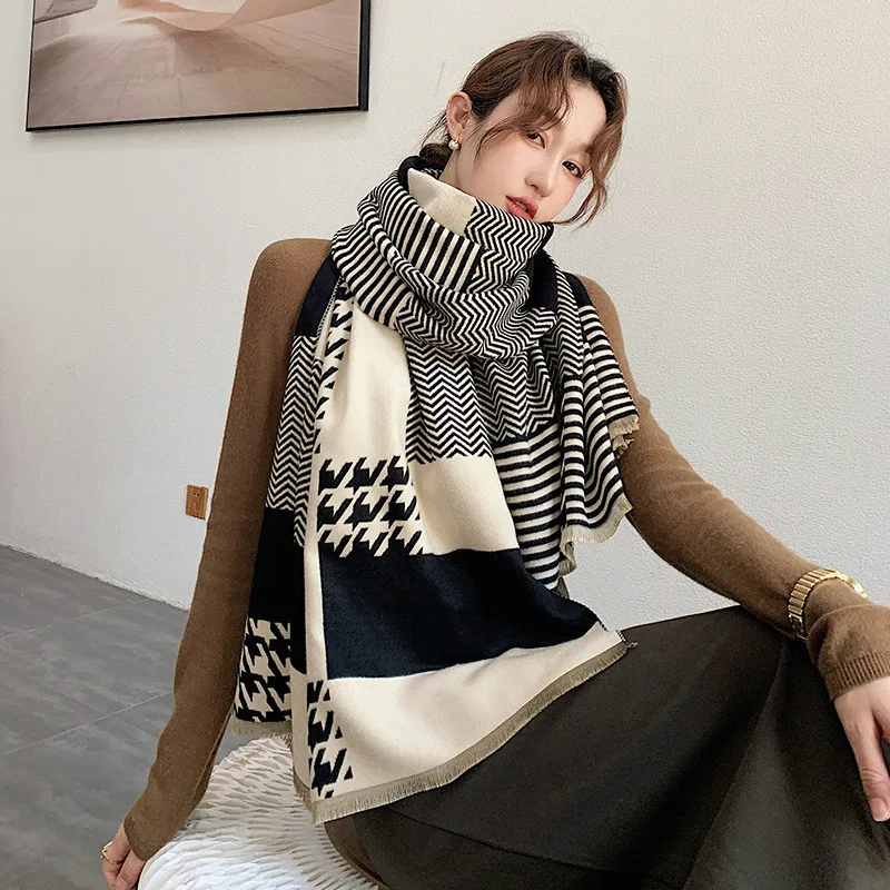 

Luxury Houndstooth Print Winter Scarf Women's Cashmere Shawls Wrap Warm Female Bandana Pashmina Scarves Hijab
