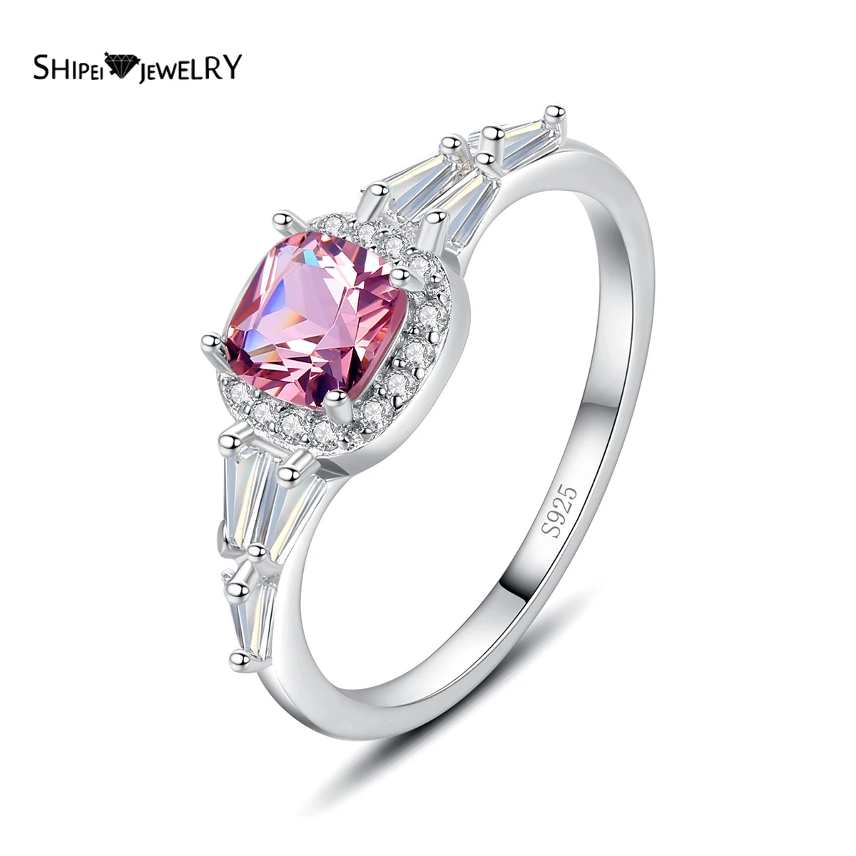 

Shipei Classic 925 Sterling Silver Pink Sapphire Created Moissanite Gemstone Wedding Romantic Cute Fine Jewelry Ring For Women