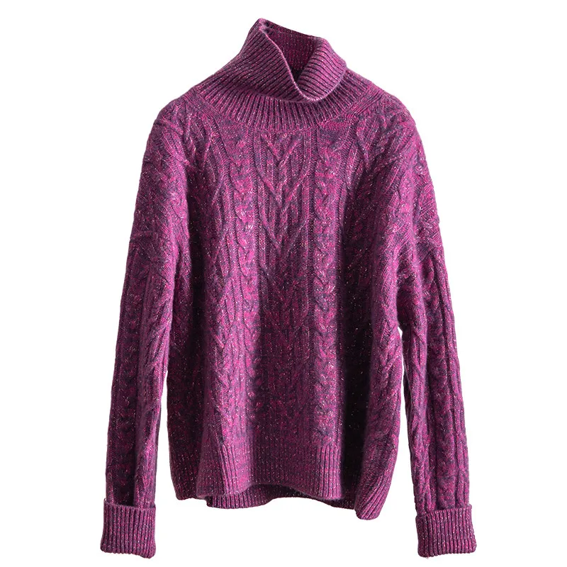 

off-Season Leak-Picking Grape Purple Autumn and Winter New Pure Cashmere Sweater Women's High Collar Loose Twisted Flower