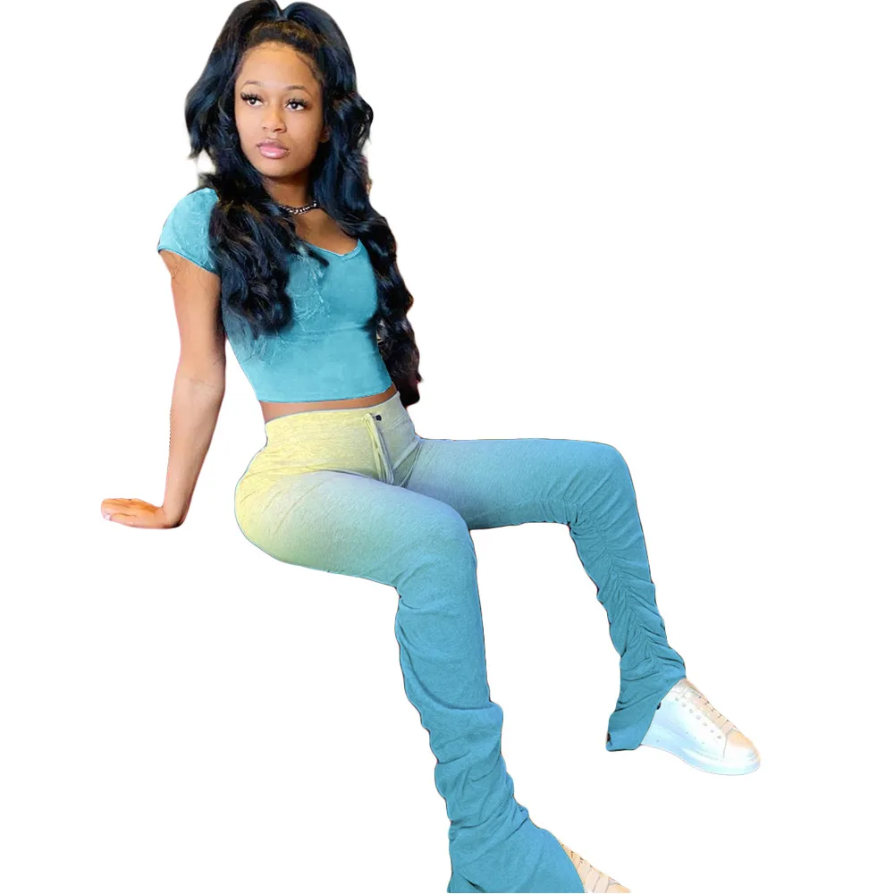 

Sexy temperament two piece set women printed short sleeve crop top and printed pleated split flared pants