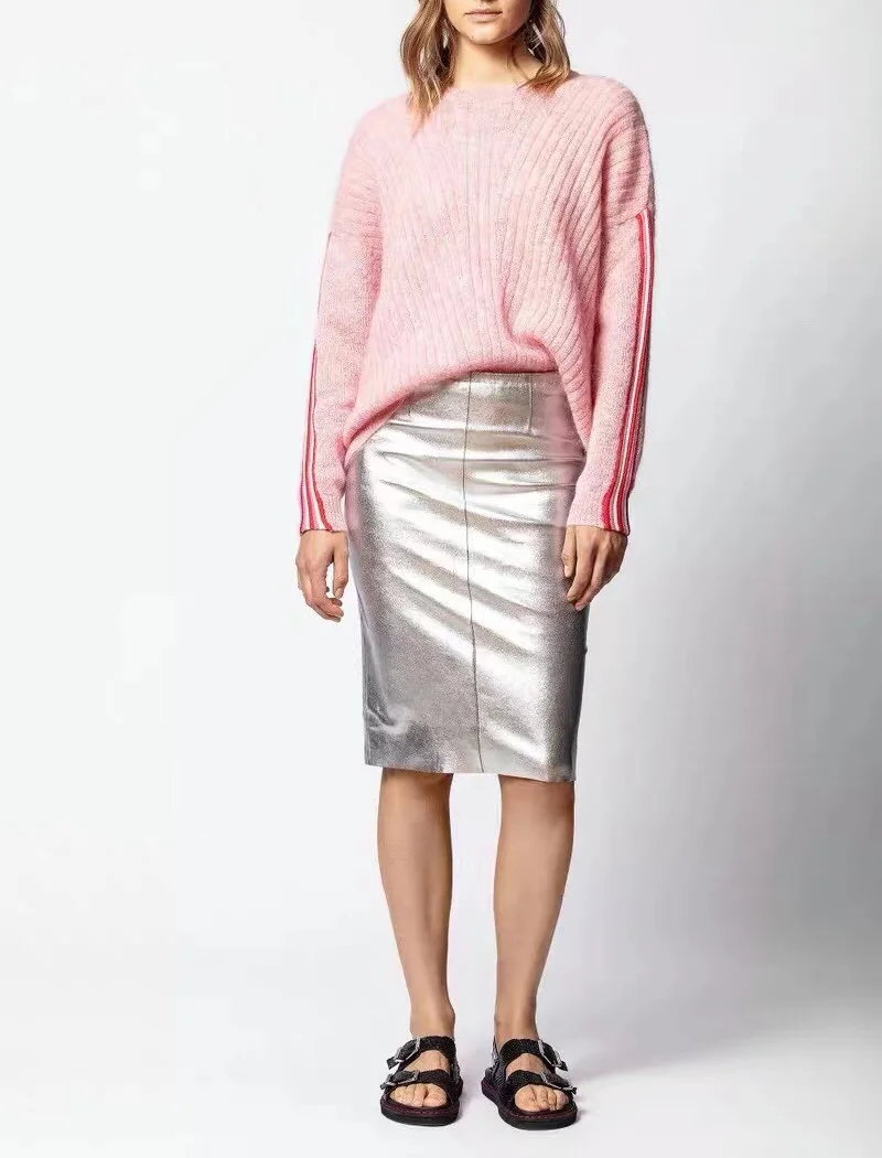 

2021 Fall Fashion Woman Mohair Pullover Patchwork Loose-fit Wool Pink Sweater