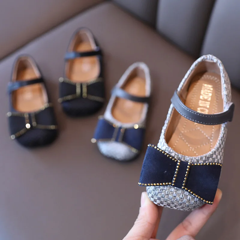 

Туфли для девочек, с бантом, обувь принцессы, вязаные Туфли Мэри Джейн, детские туфли на плоской подошве, детские Нескользящие туфли, свадебн...