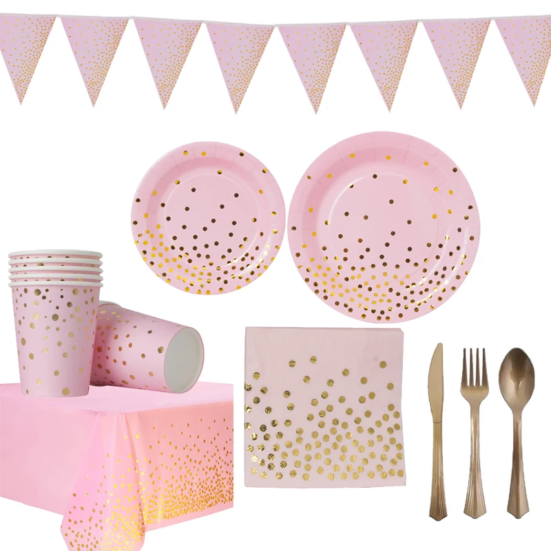 

Gold Pink Disposable Tableware Paper Plate Cup Napkin Banner Baby Shower kids girl 1st Birthday Party Decoration Supplies