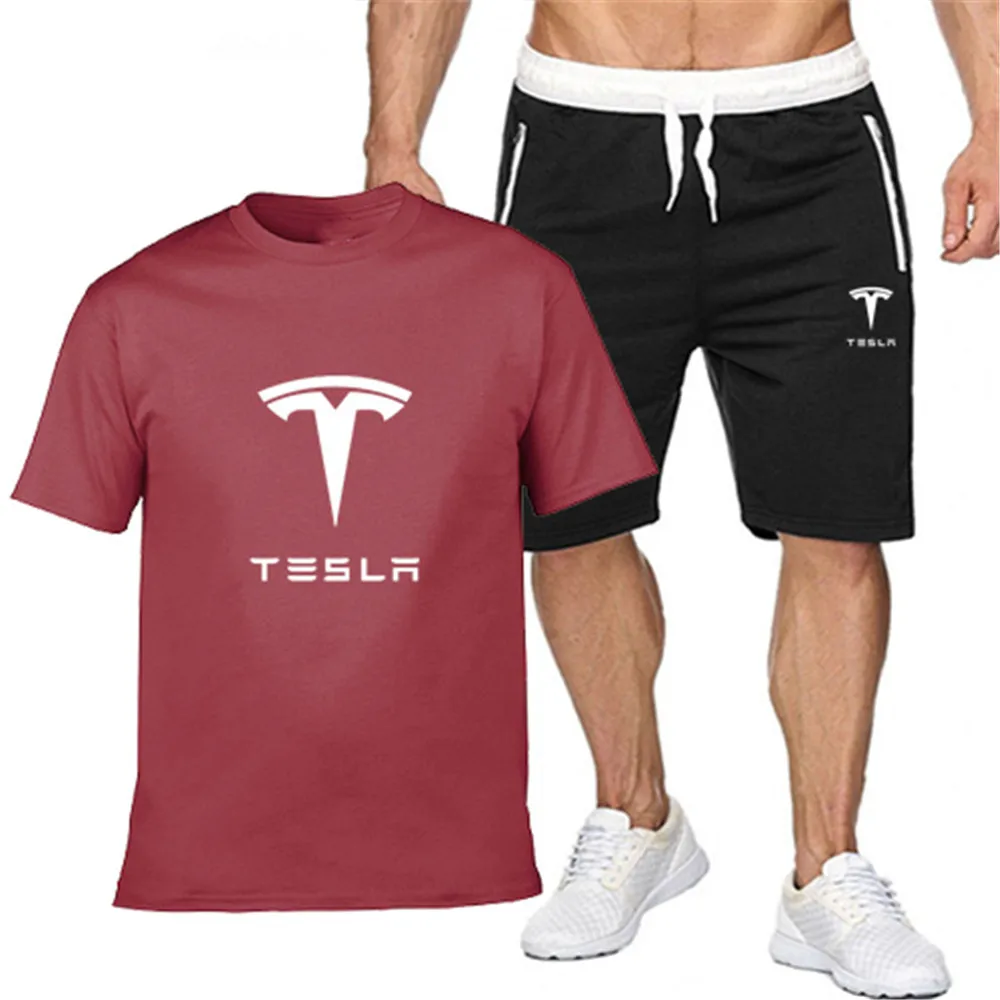 

TESLA 2021 summer men's hot-selling brand printed sportswear fitness running suit suit fashion couple short sleeve + shorts