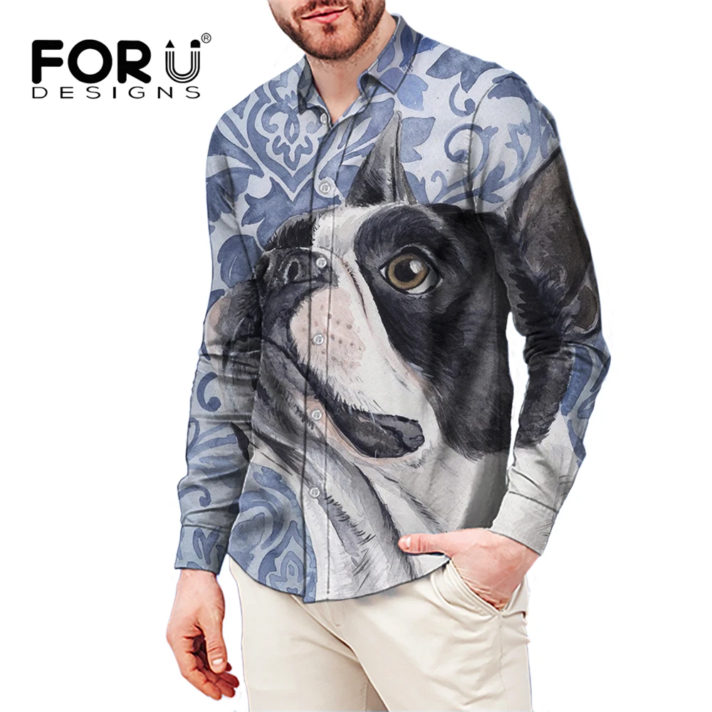 

FORUDESIGNS/сорочка с милым мультяшным бульдогом, мужская повседневная рубашка, легкая стрейчевая рубашка для выступлений, приталенный Повседне...
