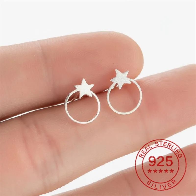

Delicate 925 Sterling Silver Round Star Stud Earrings for Women Child Ear Jewelry Korean Geometric Heart Triangle Earings Gifts