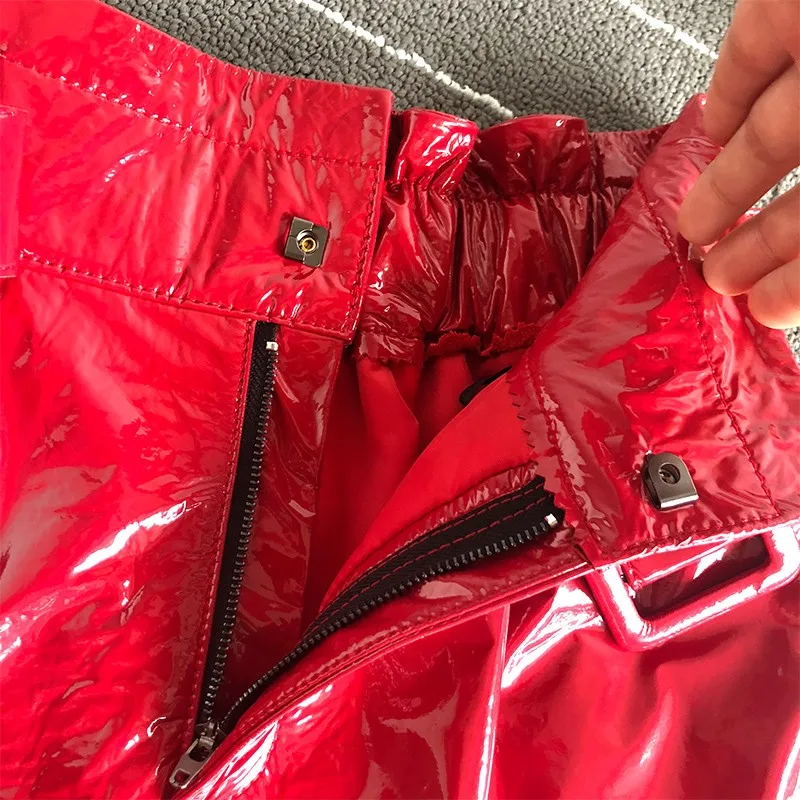 Genuine Street Women Leather Sheepskin Shorts Fashion High Waist Wide Leg Shorts Brand Red Black Sashes Casual Shorts Female