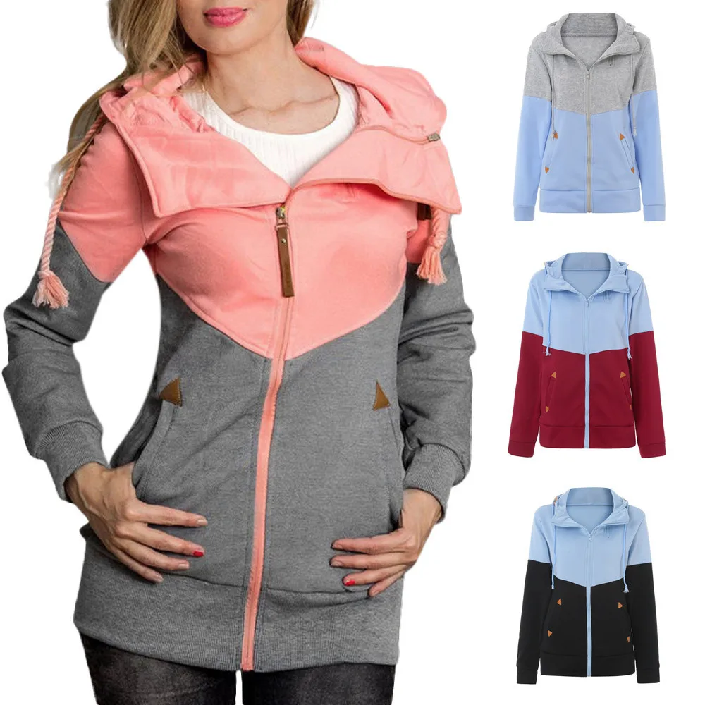 

Women's Thin Zipper Coat Fall Hooded Sweatershirt Drawstring Splicing Long Sleeve Cardigan
