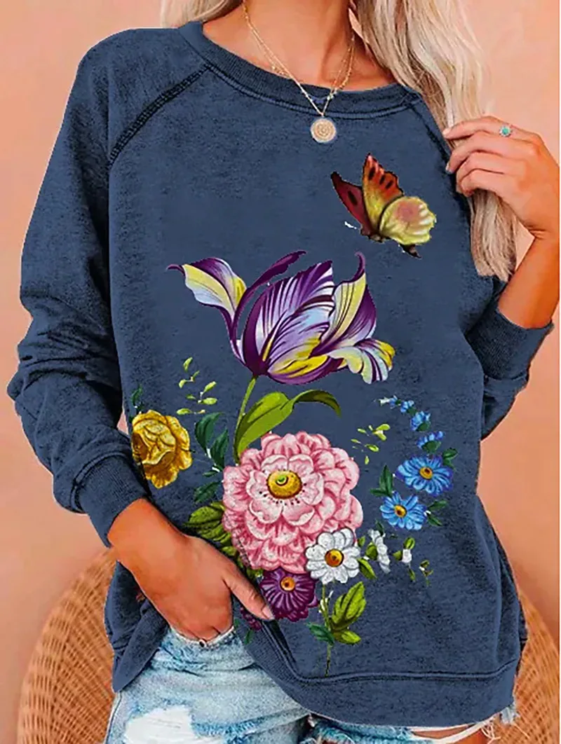 

Floral Digital 3D Print Women's Sweatshirt O Neck Sweatshirt Long Sleeve 2021 Spring Autumn New Stitching Irregular Splicing
