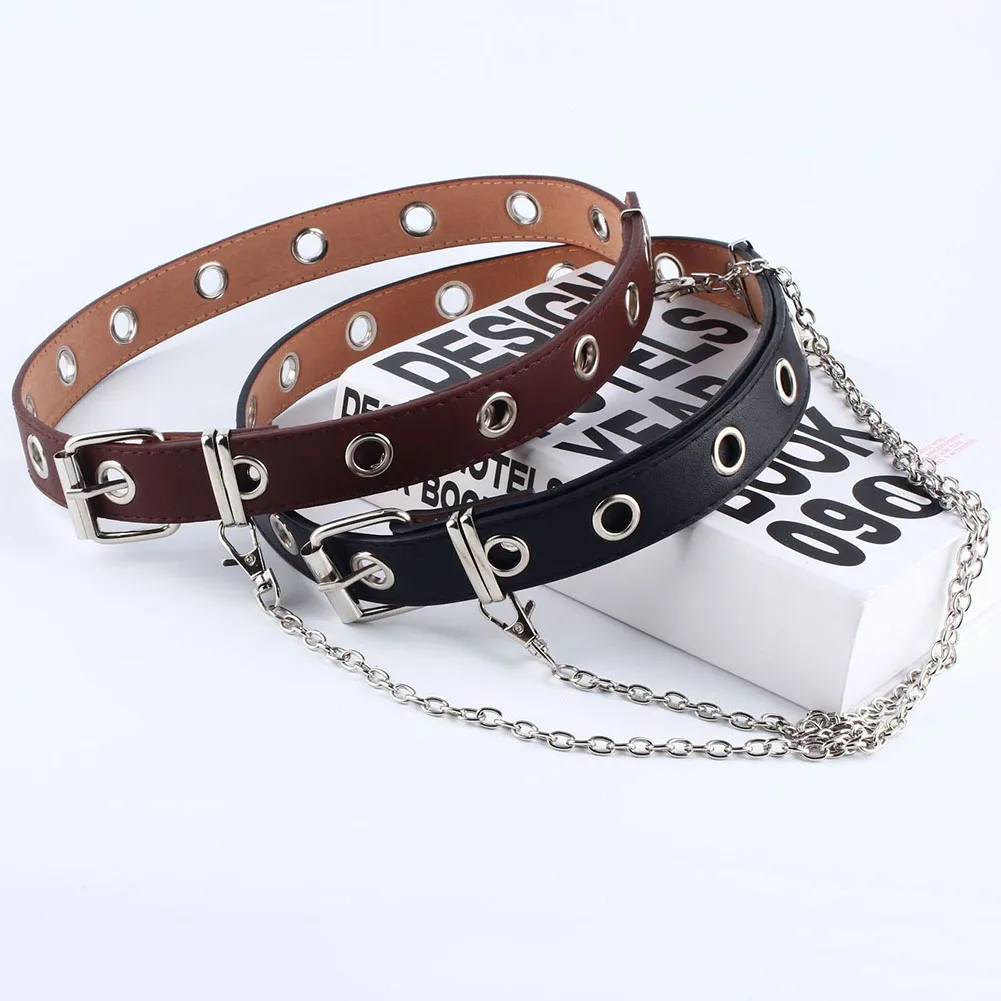 

Fashion Women Punk Chain Belt Adjustable Double Single Row Hole Eyelet Waistband Eyelet Chain Decorative 2020 Belts For Women