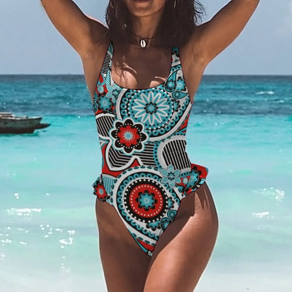 

Luren Bikini 2021 Vintage Printed Ruffled Backless One Piece Swimsuit Plus Size Swimwear Bathing Suit Women
