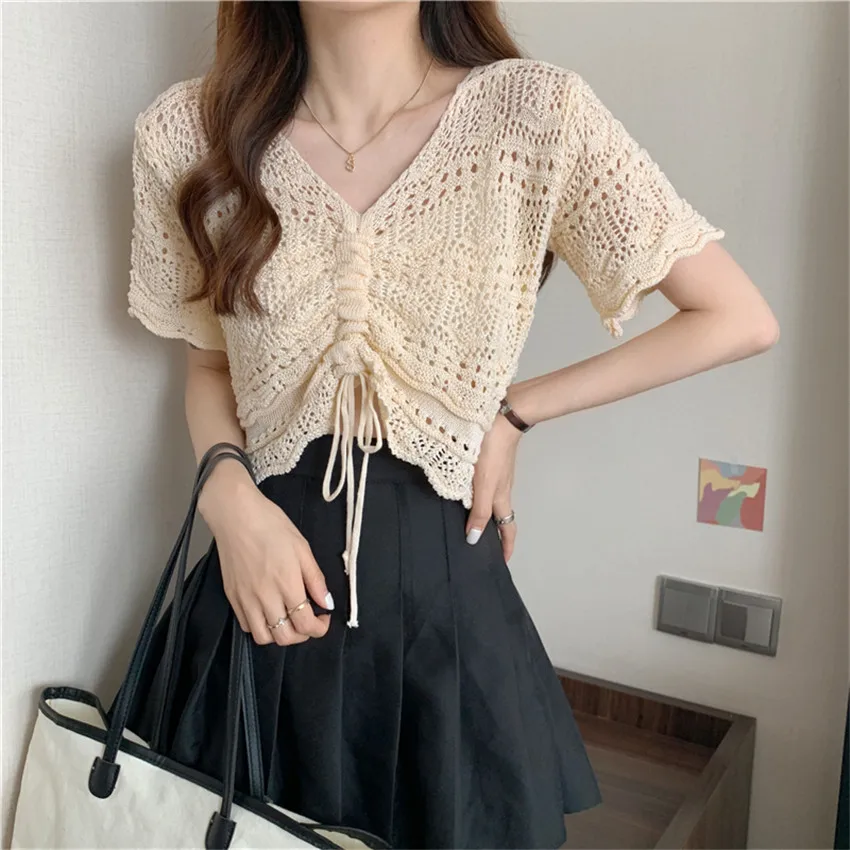 

2022 New Beach Clothes Sexy Hollow Out Crochet Tops Summer Knitted T Shirt Women Short Sleeve Drawstring T-Shirt Crop Top