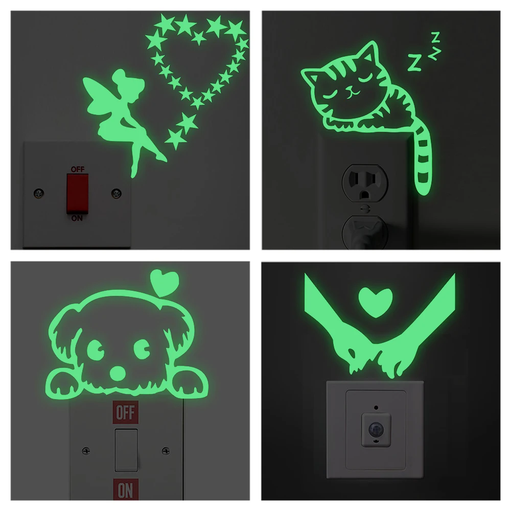 

Funny Cat Dog Fairy Car Stars Pattern Switch Stickers Glow In The Dark Pvc Decal Kids Room Home Decoration Diy Luminous Wall Art