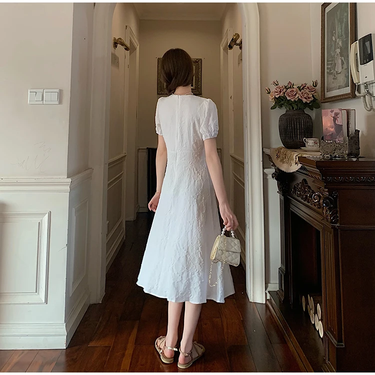 

Women's Dress Chiffon Clothing Solid Draw Back High Waist Korean Version Loose Summer Dresses Office Lady Mid-Calf Houthion